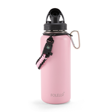 FOLELLO 1L Thermos Steel Double Layer Vacuum Insulated Water Bottle | Keeps Drinks Hot for 12 Hours & Cold for 24 Hours | Includes Rope, Compass, Carabiner, 2 Lids (Straw Lid & Flip-Up Spout Sports Cap) | Perfect for Outdoor | Stylish Pink