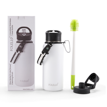FOLELLO 1L Thermos Steel Double Layer Vacuum Insulated Water Bottle | Keeps Drinks Hot for 12 Hours & Cold for 24 Hours | Includes Rope, Compass, Carabiner, 2 Lids (Straw Lid & Flip-Up Spout Sports Cap) | Perfect for Outdoor | Elegante White