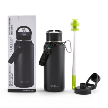 FOLELLO 1L Thermos Steel Double Layer Vacuum Insulated Water Bottle | Keeps Drinks Hot for 12 Hours & Cold for 24 Hours | Includes Rope, Compass, Carabiner, 2 Lids (Straw Lid & Flip-Up Spout Sports Cap) | Perfect for Outdoor | Elegante Black