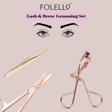 FOLELLO Rose Gold Eye Lash Grooming Kit - 1 Eyelash Curler with 1 Tweezer/Plucker for Women Facial Hair and 1 Small Grooming Scissor for Moustache Beard Eyebrow and Nose Hair