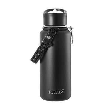 FOLELLO 1L Thermos Steel Double Layer Vacuum Insulated Water Bottle | Keeps Drinks Hot for 12 Hours & Cold for 24 Hours | Includes Rope, Compass, Carabiner, 2 Lids (Straw Lid & Flip-Up Spout Sports Cap) | Perfect for Outdoor | Elegante Black