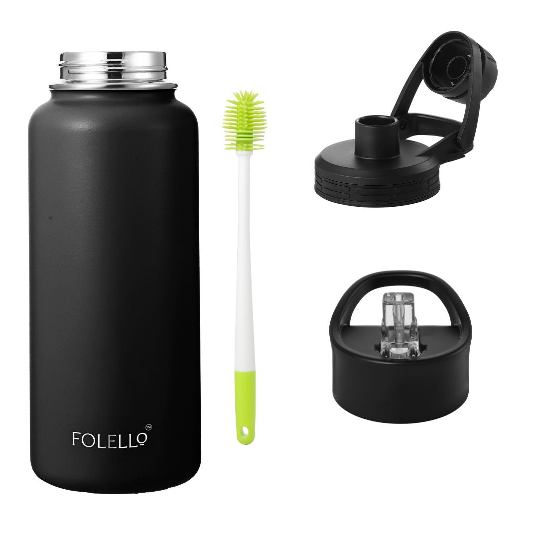 FOLELLO 1L Thermos Steel Double Layer Vacuum Insulated Water Bottle | Keeps Drinks Hot for 12 Hours & Cold for 24 Hours | Includes Rope, Compass, Carabiner, 2 Lids (Straw Lid & Flip-Up Spout Sports Cap) | Perfect for Outdoor | Elegante Black