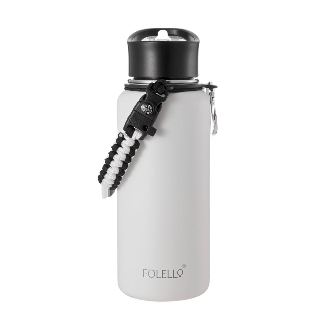 FOLELLO 1L Thermos Steel Double Layer Vacuum Insulated Water Bottle | Keeps Drinks Hot for 12 Hours & Cold for 24 Hours | Includes Rope, Compass, Carabiner, 2 Lids (Straw Lid & Flip-Up Spout Sports Cap) | Perfect for Outdoor | Elegante White