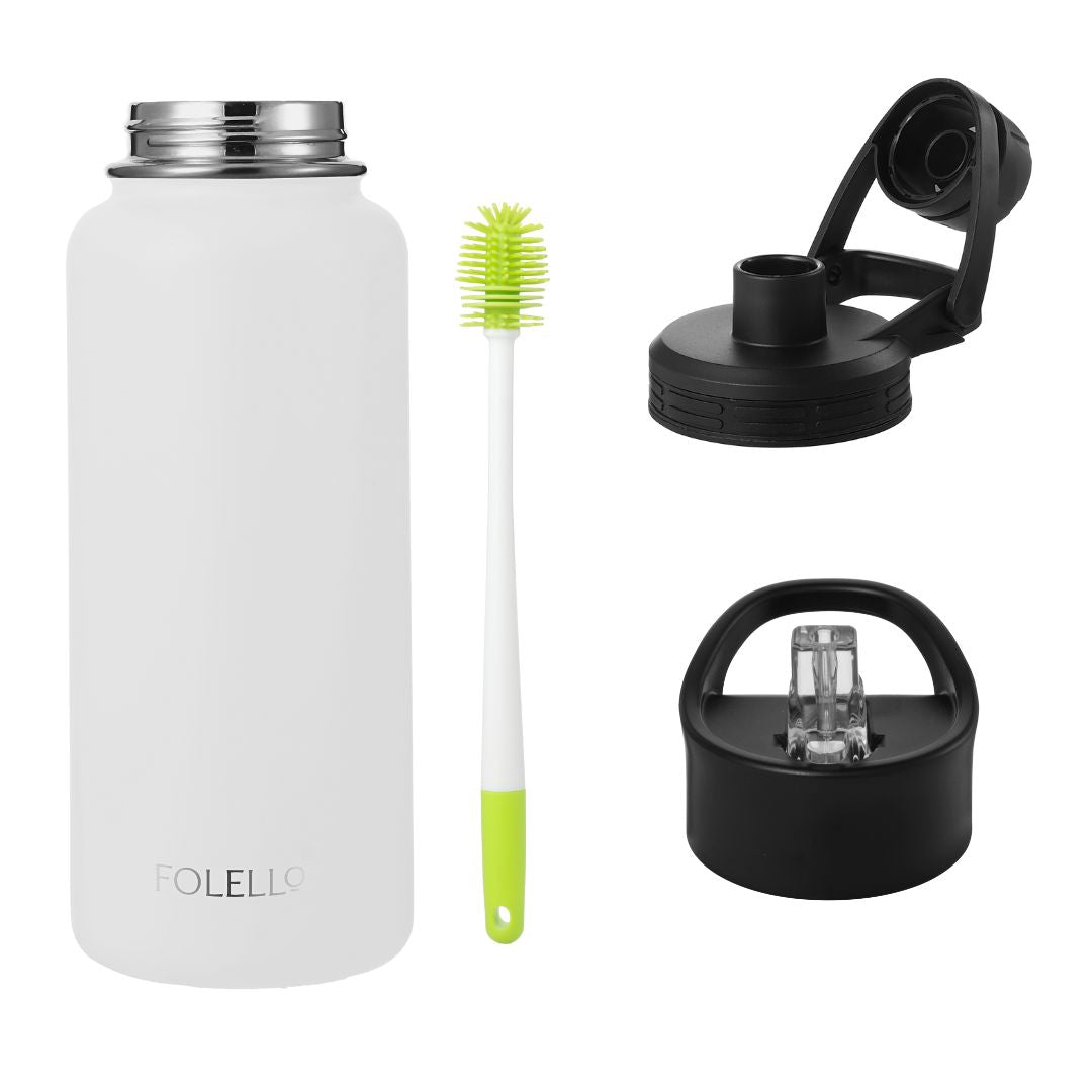 FOLELLO 1L Thermos Steel Double Layer Vacuum Insulated Water Bottle | Keeps Drinks Hot for 12 Hours & Cold for 24 Hours | Includes Rope, Compass, Carabiner, 2 Lids (Straw Lid & Flip-Up Spout Sports Cap) | Perfect for Outdoor | Elegante White