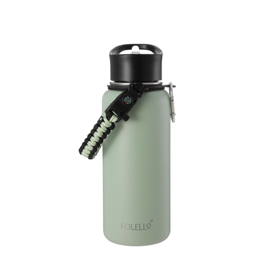 Folello 1L Thermos Steel Double Layer Vacuum Insulated Water Bottle | Keeps Drinks Hot for 12 Hours & Cold for 24 Hours | Includes Rope, Compass, Carabiner, 2 Lids (Straw & Flip-Up Spout) | Full-Length Steel Fruit Infuser | Detox Bottle | Mint Green