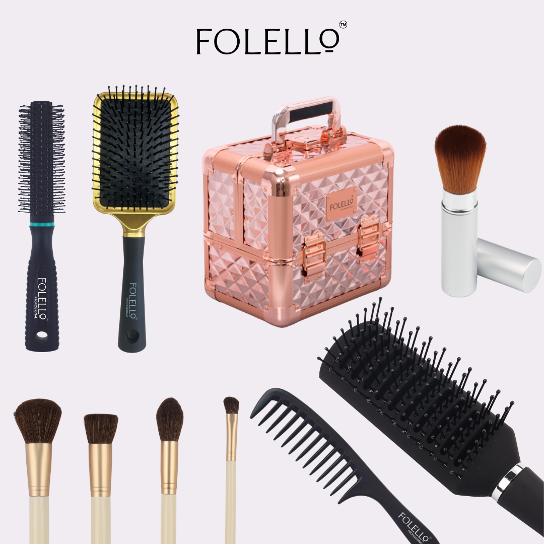 Hair & Makeup Grooming Ensemble for Women: Rose Gold Vanity Case, Vent Hair Styling Brush, Round Hair Brush, Golden Paddle Brush, Makeup Brush Set, Detangling Comb, Travel Powder Brush + Bonus Hair Comb/Brush Cleaner