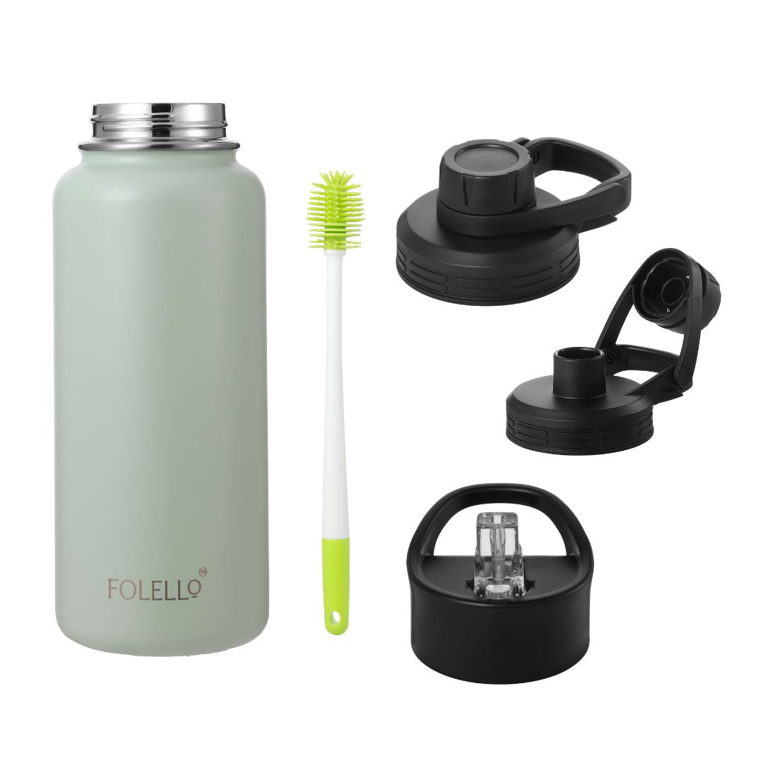 Folello 1L Thermos Steel Double Layer Vacuum Insulated Water Bottle | Keeps Drinks Hot for 12 Hours & Cold for 24 Hours | Includes Rope, Compass, Carabiner, 2 Lids (Straw & Flip-Up Spout) | Full-Length Steel Fruit Infuser | Detox Bottle | Mint Green