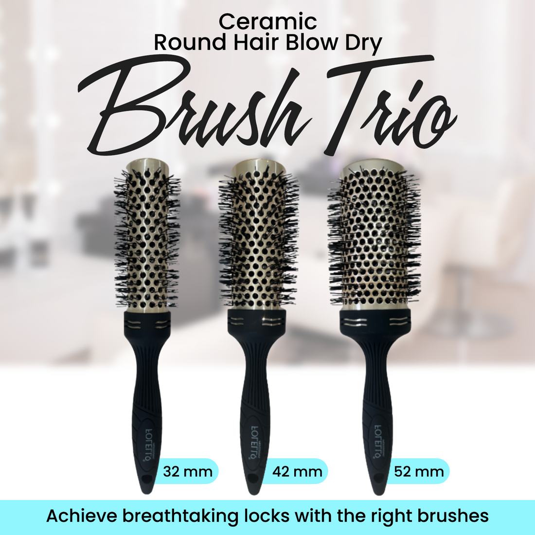 FOLELLO Ceramic Round Hair Blow Dry Brush Trio: 32mm, 42mm, 52mm + Free Hair Brush/Comb Cleaner