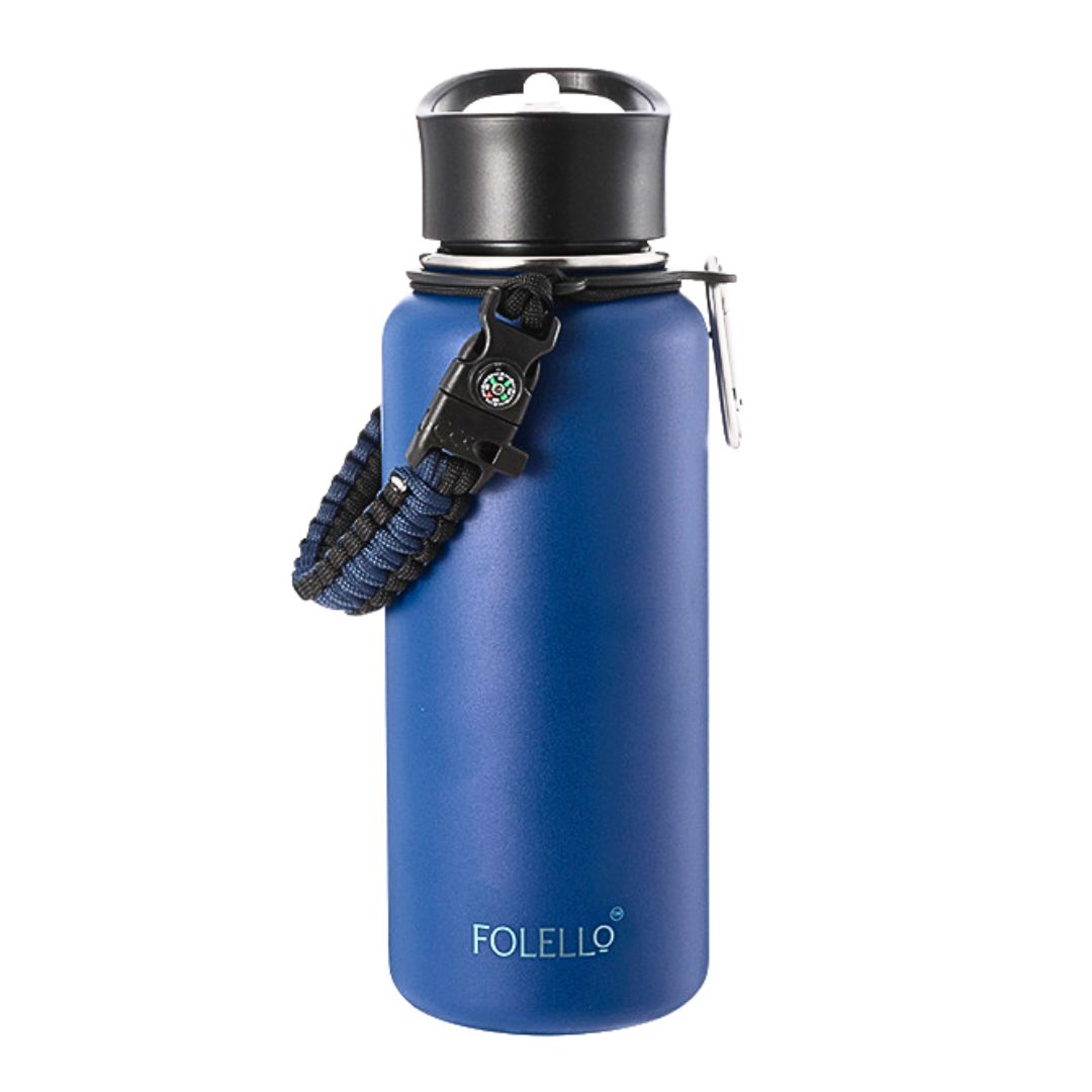 FOLELLO 1L Thermos Steel Double Layer Vacuum Insulated Water Bottle | Keeps Drinks Hot for 12 Hours & Cold for 24 Hours | Includes Rope, Compass, Carabiner, 2 Lids (Straw Lid & Flip-Up Spout Sports Cap) | Perfect for Outdoor | Stylish Blue