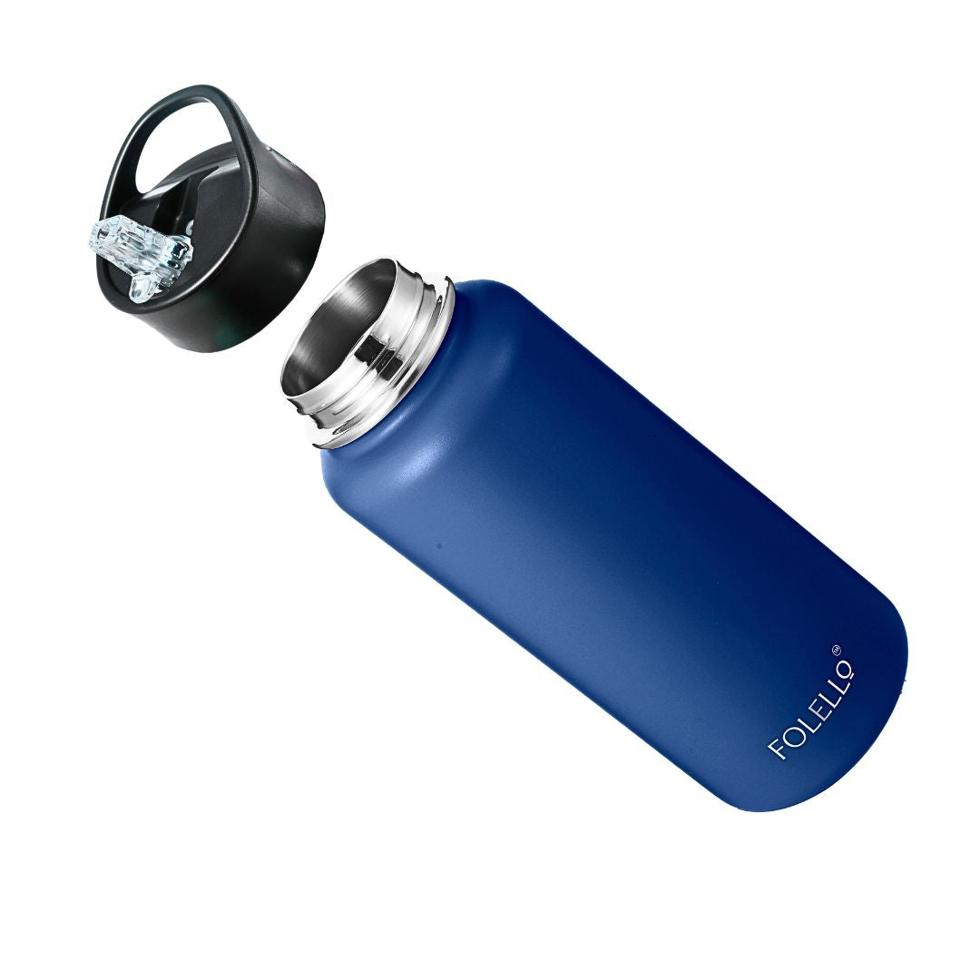 FOLELLO 1L Thermos Steel Double Layer Vacuum Insulated Water Bottle | Keeps Drinks Hot for 12 Hours & Cold for 24 Hours | Includes Rope, Compass, Carabiner, 2 Lids (Straw Lid & Flip-Up Spout Sports Cap) | Perfect for Outdoor | Stylish Blue