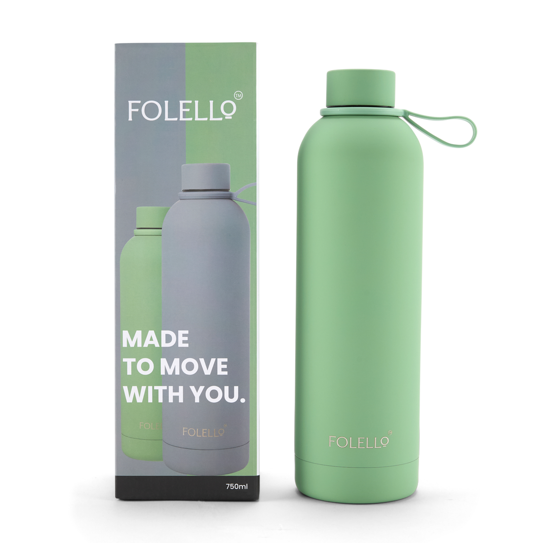 FOLELLO 750ml Stainless Steel Double Layer Vacuum Insulated Water Bottle | Keeps Drinks Cold for 24 Hours & Hot for 12 Hours | Sweat-Free Rubberized Finish | Leakproof & BPA-Free | Perfect for Gym, Office, Travel | Mint Green Design