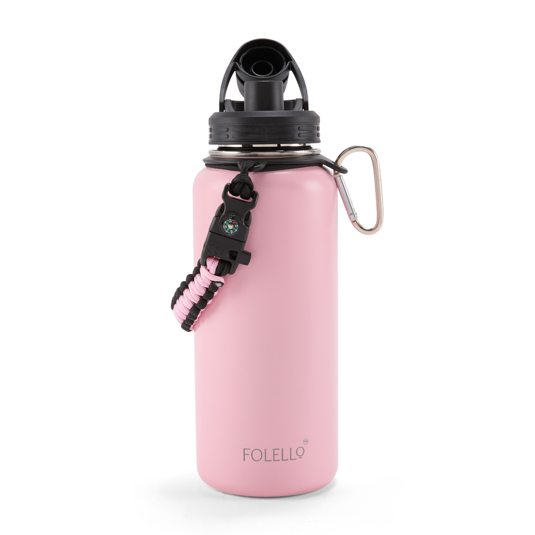 FOLELLO 1L Thermos Steel Double Layer Vacuum Insulated Water Bottle | Keeps Drinks Hot for 12 Hours & Cold for 24 Hours | Includes Rope, Compass, Carabiner, 2 Lids (Straw Lid & Flip-Up Spout Sports Cap) | Perfect for Outdoor | Stylish Pink