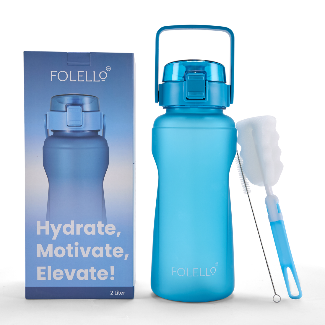 FOLELLO 2L Sports Water Bottle with Motivational Time Marker | Leakproof & Durable BPA-Free Plastic | Wide Mouth Design with Carry Handle | Perfect for Gym, Office, Travel | Stylish Blue 2 Litre Bottle