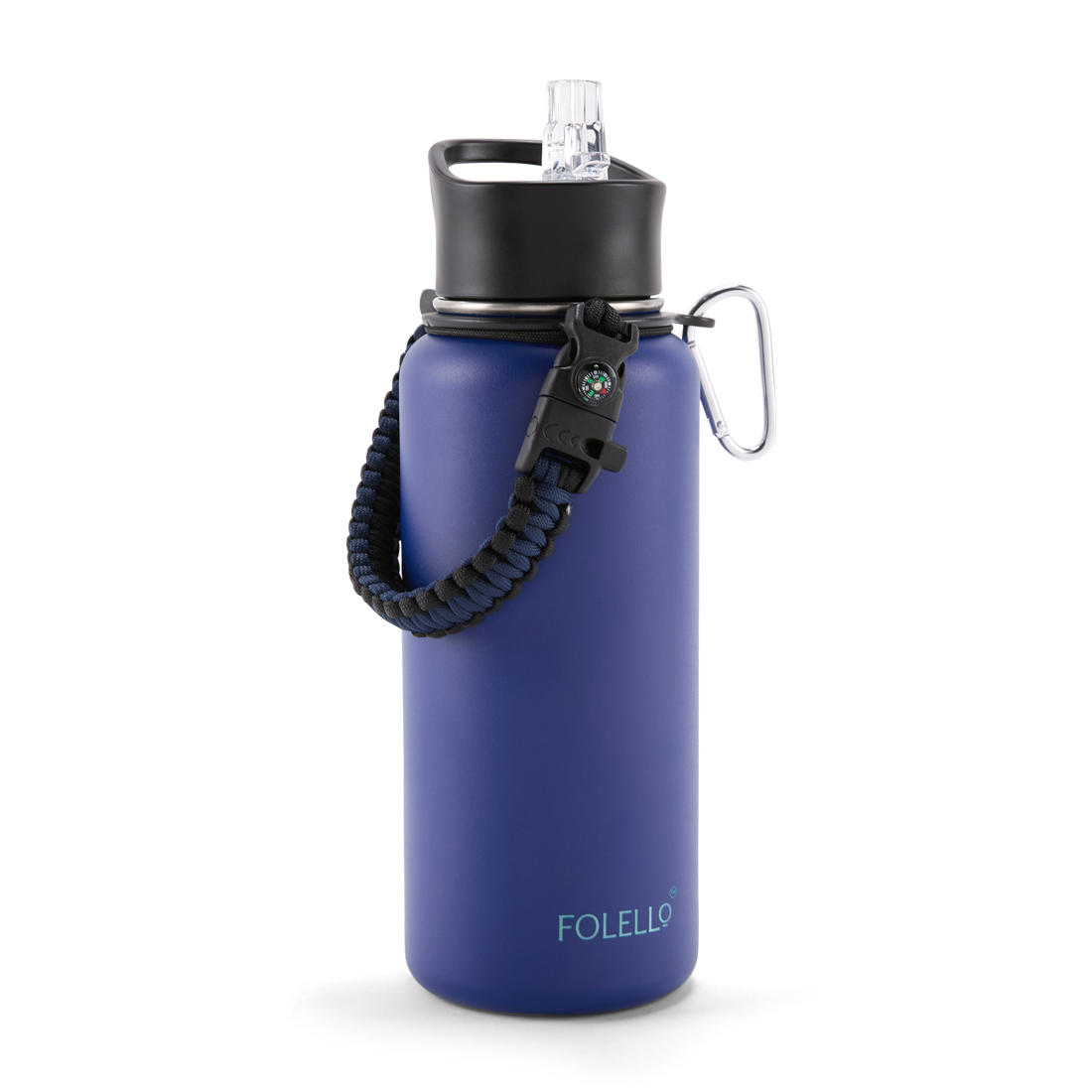 FOLELLO 1L Thermos Steel Double Layer Vacuum Insulated Water Bottle | Keeps Drinks Hot for 12 Hours & Cold for 24 Hours | Includes Rope, Compass, Carabiner, 2 Lids (Straw Lid & Flip-Up Spout Sports Cap) | Perfect for Outdoor | Stylish Blue