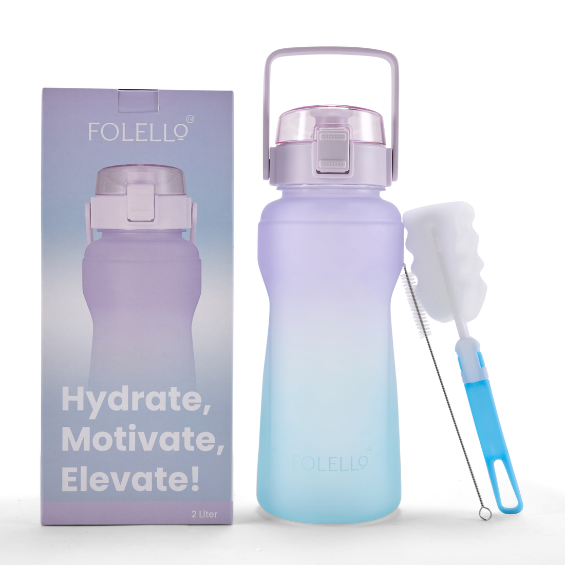 FOLELLO 2L Sports Water Bottle with Motivational Time Marker | Leakproof & Durable BPA-Free Plastic | Wide Mouth Design with Carry Handle | Perfect for Gym, Office, Travel | Vibrant Aqua-Purple 2 Litre Bottle