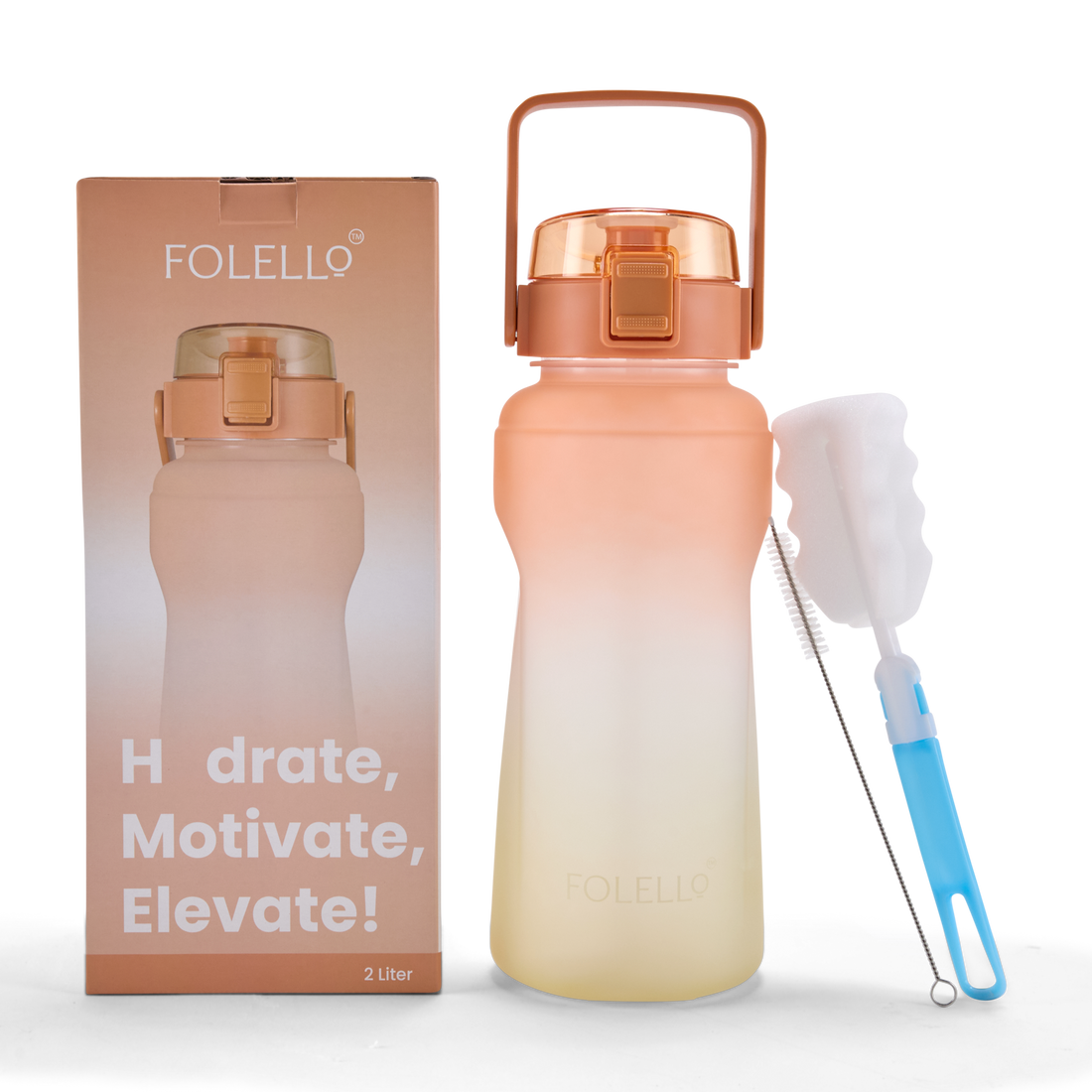 FOLELLO 2L Sports Water Bottle with Motivational Time Marker | Leakproof & Durable BPA-Free Plastic | Wide Mouth Design with Carry Handle | Perfect for Gym, Office, Travel | Vibrant Orange-Lemon 2 Litre Bottle