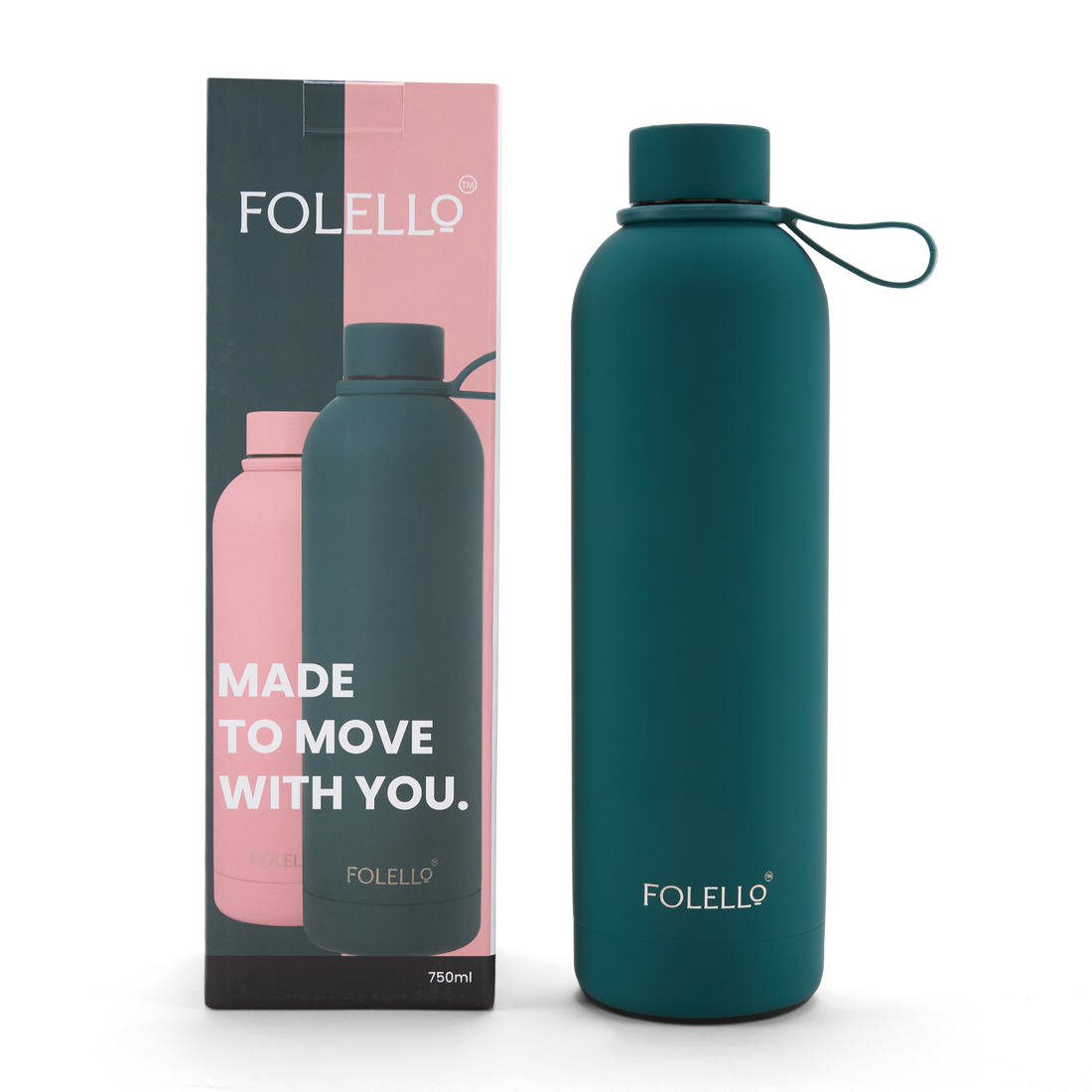 FOLELLO 750ml Stainless Steel Double Layer Vacuum Insulated Water Bottle | Keeps Drinks Cold for 24 Hours & Hot for 12 Hours | Sweat-Free Rubberized Finish | Leakproof & BPA-Free | Perfect for Gym, Office, Travel | Turquoise blueDesign