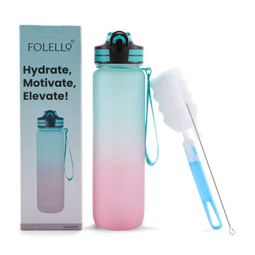 Folello 1L Tritan Water Bottle with Motivational Time Marker | Leakproof Sipper Bottle for Gym, Office, and Travel | BPA-Free with Hydration Reminder App | Cool Indigo Pink Design | 1 Litre