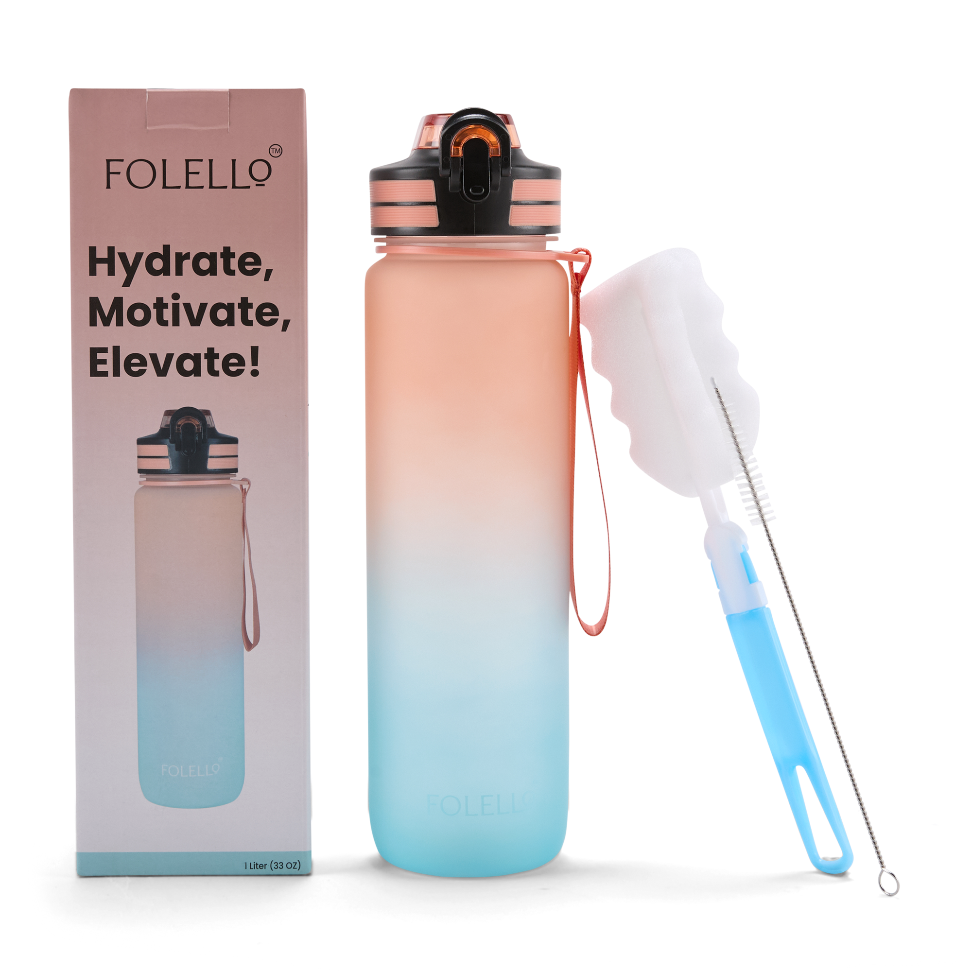 Folello 1L Tritan Water Bottle with Motivational Time Marker | Leakproof Sipper Bottle for Gym, Office, and Travel | BPA-Free with Hydration Reminder App | Passionate Teal Orange Design | 1 Litre