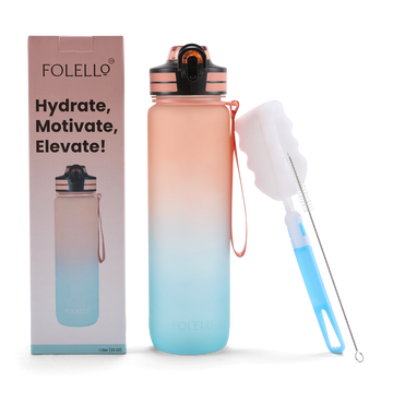 Folello 1L Tritan Water Bottle with Motivational Time Marker | Leakproof Sipper Bottle for Gym, Office, and Travel | BPA-Free with Hydration Reminder App | Passionate Teal Orange Design | 1 Litre