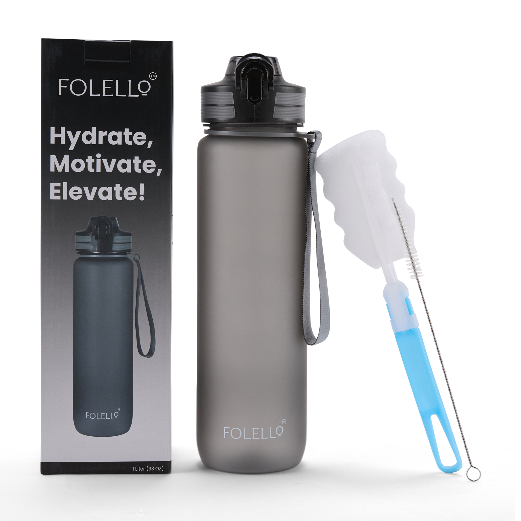 Folello 1L Tritan Water Bottle with Motivational Time Marker | Leakproof Sipper Bottle for Gym, Office, and Travel | BPA-Free with Hydration Reminder App | Stylish Grey Design | 1 Litre