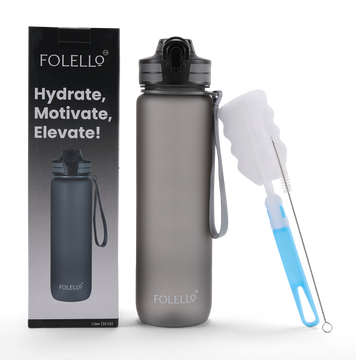 Folello 1L Tritan Water Bottle with Motivational Time Marker | Leakproof Sipper Bottle for Gym, Office, and Travel | BPA-Free with Hydration Reminder App | Stylish Grey Design | 1 Litre