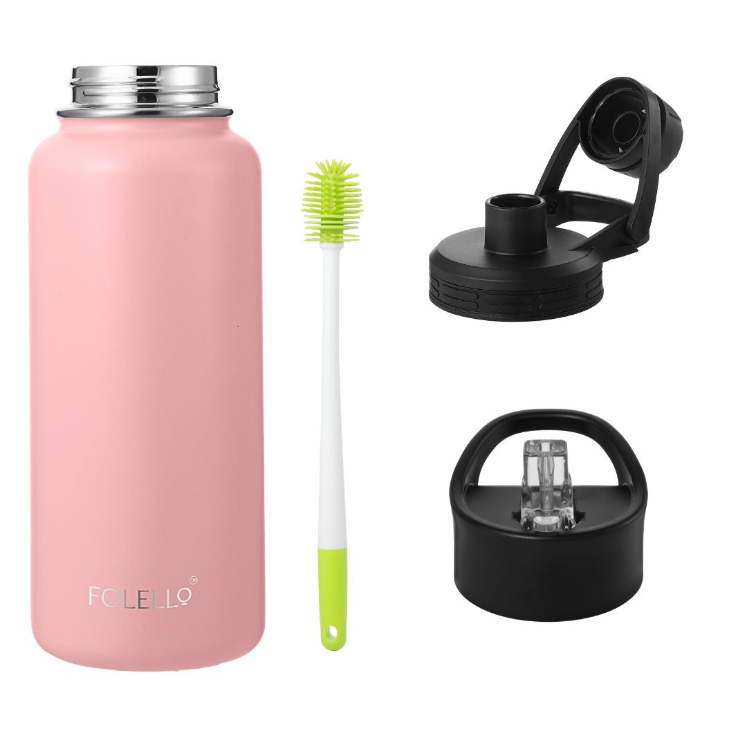 Folello 1L Thermos Steel Double Layer Vacuum Insulated Water Bottle | Keeps Drinks Hot for 12 Hours & Cold for 24 Hours | Includes Rope, Compass, Carabiner, 2 Lids (Straw & Flip-Up Spout) | Full-Length Steel Fruit Infuser | Detox Bottle | Pink