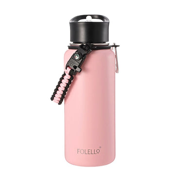 Folello 1L Thermos Steel Double Layer Vacuum Insulated Water Bottle | Keeps Drinks Hot for 12 Hours & Cold for 24 Hours | Includes Rope, Compass, Carabiner, 2 Lids (Straw & Flip-Up Spout) | Full-Length Steel Fruit Infuser | Detox Bottle | Pink