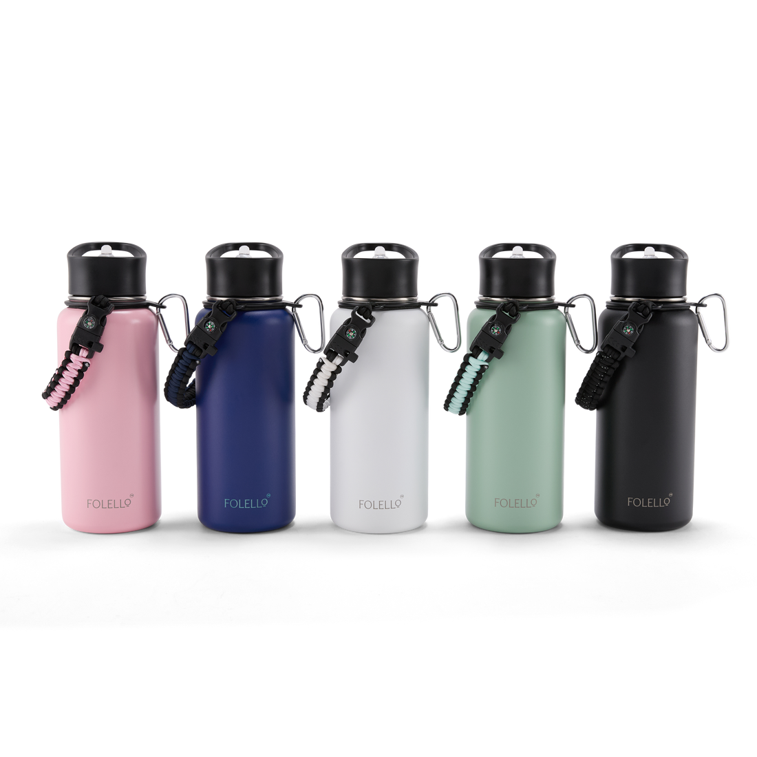 FOLELLO 1L Thermos Steel Double Layer Vacuum Insulated Water Bottle | Keeps Drinks Hot for 12 Hours & Cold for 24 Hours | Includes Rope, Compass, Carabiner, 2 Lids (Straw Lid & Flip-Up Spout Sports Cap) | Perfect for Outdoor | Elegante White