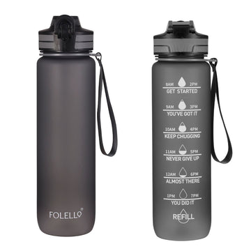 Folello 1L Tritan Water Bottle with Motivational Time Marker | Leakproof Sipper Bottle for Gym, Office, and Travel | BPA-Free with Hydration Reminder App | Stylish Grey Design | 1 Litre