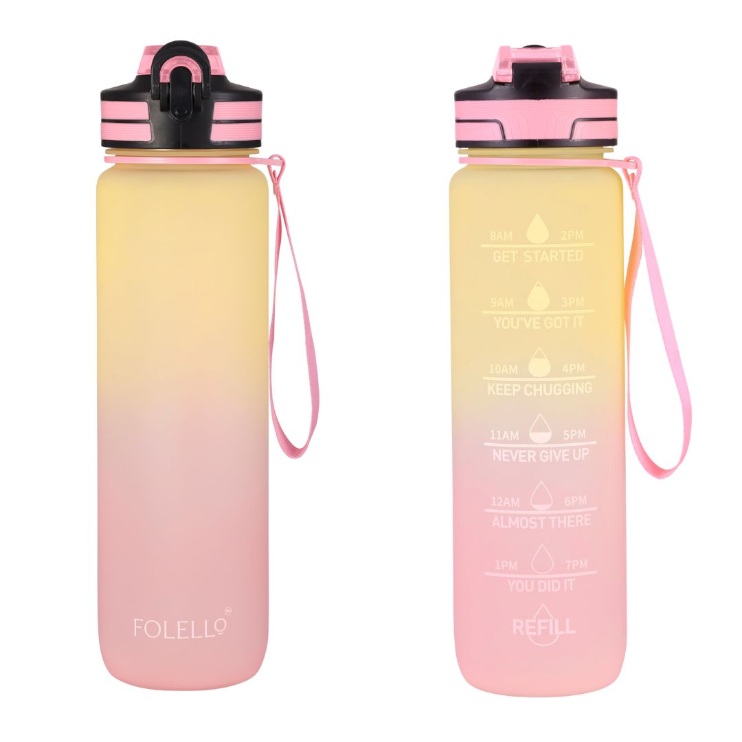 Folello 1L Tritan Water Bottle with Motivational Time Marker | Leakproof Sipper Bottle for Gym, Office, and Travel | BPA-Free with Hydration Reminder App | Stylish Pink Lemon Design | 1 Litre