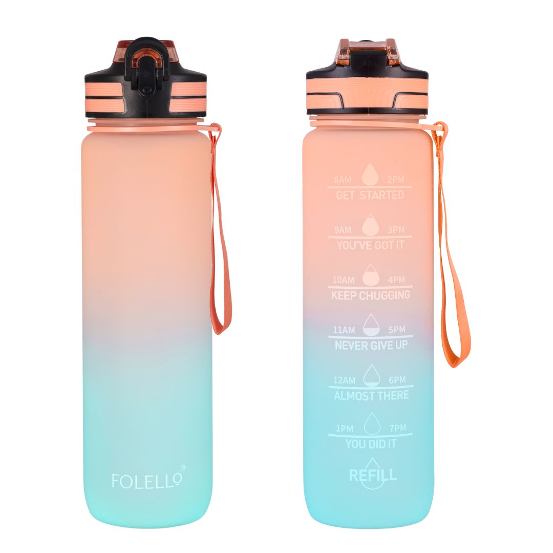 Folello 1L Tritan Water Bottle with Motivational Time Marker | Leakproof Sipper Bottle for Gym, Office, and Travel | BPA-Free with Hydration Reminder App | Passionate Teal Orange Design | 1 Litre