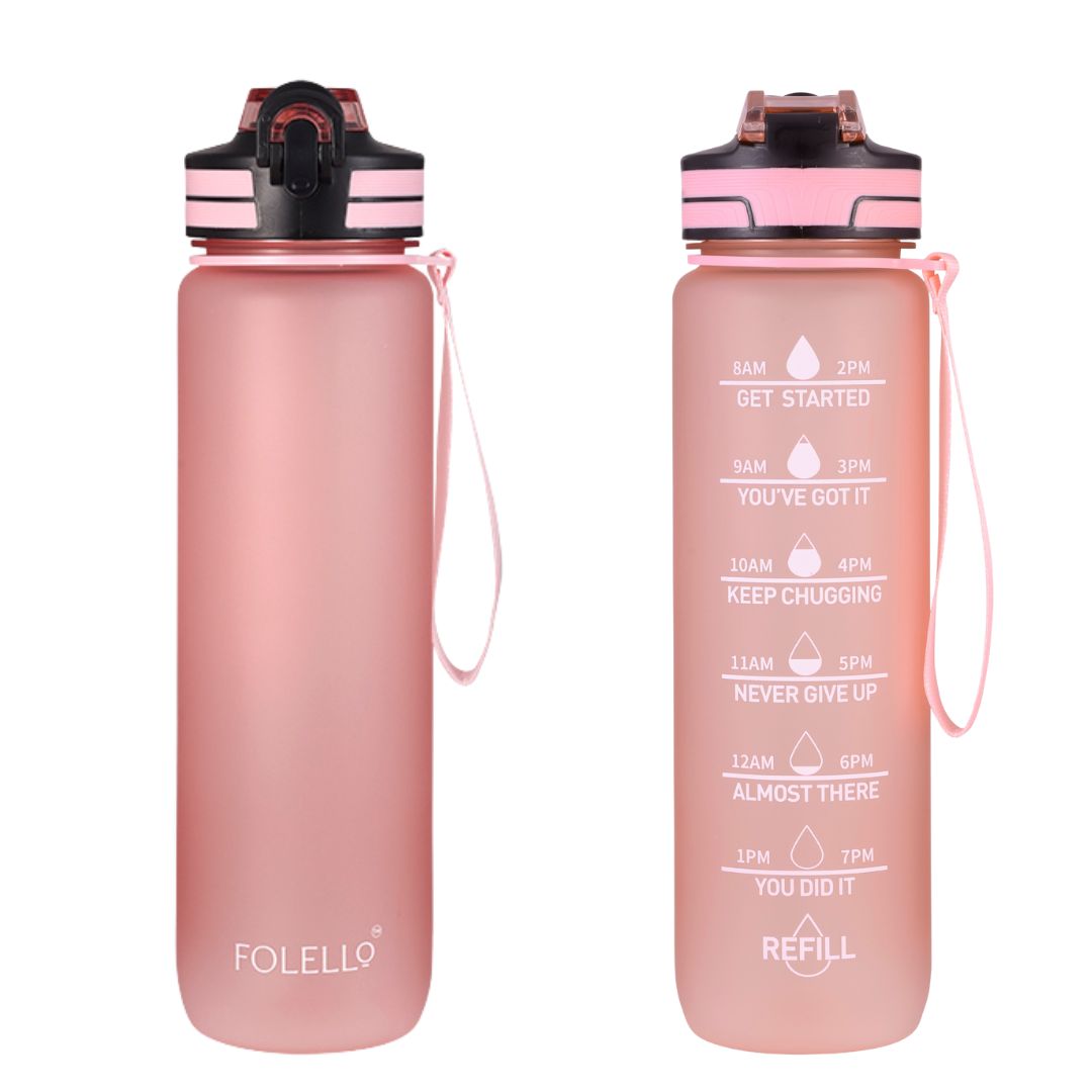 Folello 1L Tritan Water Bottle with Motivational Time Marker | Leakproof Sipper Bottle for Gym, Office, and Travel | BPA-Free with Hydration Reminder App | Passionate Pink Design | 1 Litre