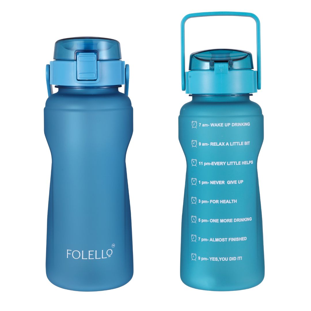 FOLELLO 2L Sports Water Bottle with Motivational Time Marker | Leakproof & Durable BPA-Free Plastic | Wide Mouth Design with Carry Handle | Perfect for Gym, Office, Travel | Stylish Blue 2 Litre Bottle