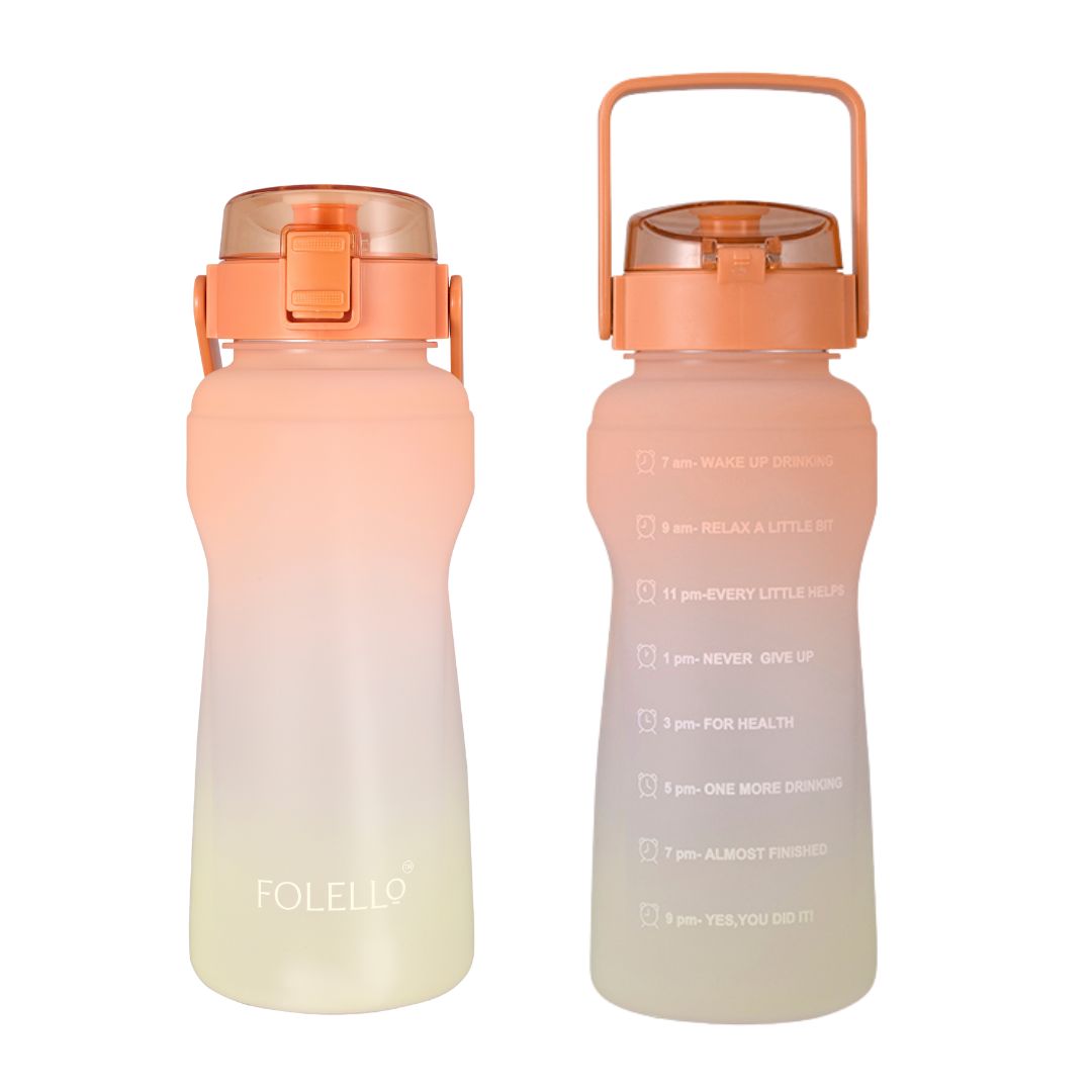 FOLELLO 2L Sports Water Bottle with Motivational Time Marker | Leakproof & Durable BPA-Free Plastic | Wide Mouth Design with Carry Handle | Perfect for Gym, Office, Travel | Vibrant Orange-Lemon 2 Litre Bottle