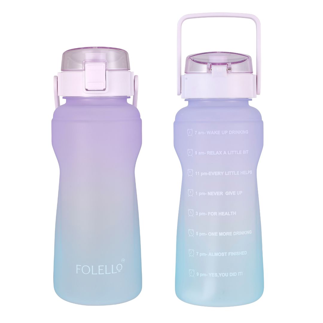 FOLELLO 2L Sports Water Bottle with Motivational Time Marker | Leakproof & Durable BPA-Free Plastic | Wide Mouth Design with Carry Handle | Perfect for Gym, Office, Travel | Vibrant Aqua-Purple 2 Litre Bottle